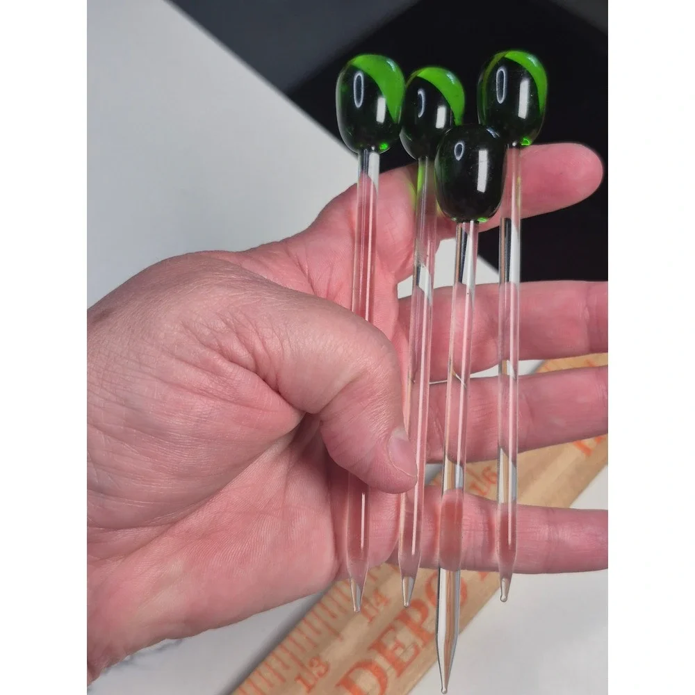 Vintage Glass Olive Swizzle Sticks Set of 4 Green Pimento Martini Stirrers 5.5